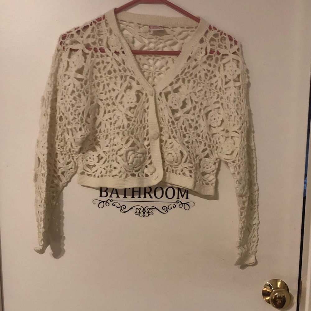 Crochet Openwork Ivory Cardigan Sweater